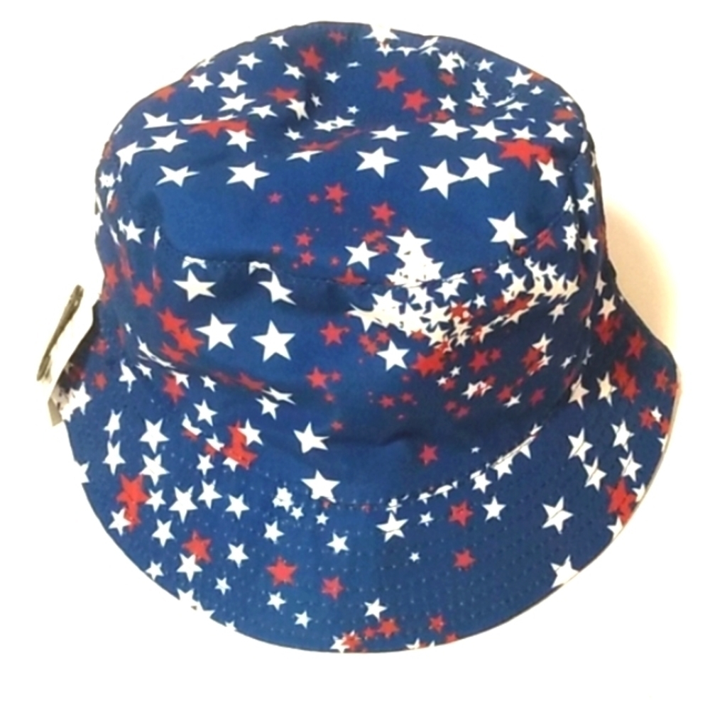 YOUTH GIRLS BUCKET HAT - Blue Beach Hat with Red and White Stars - SIZE OS NWT